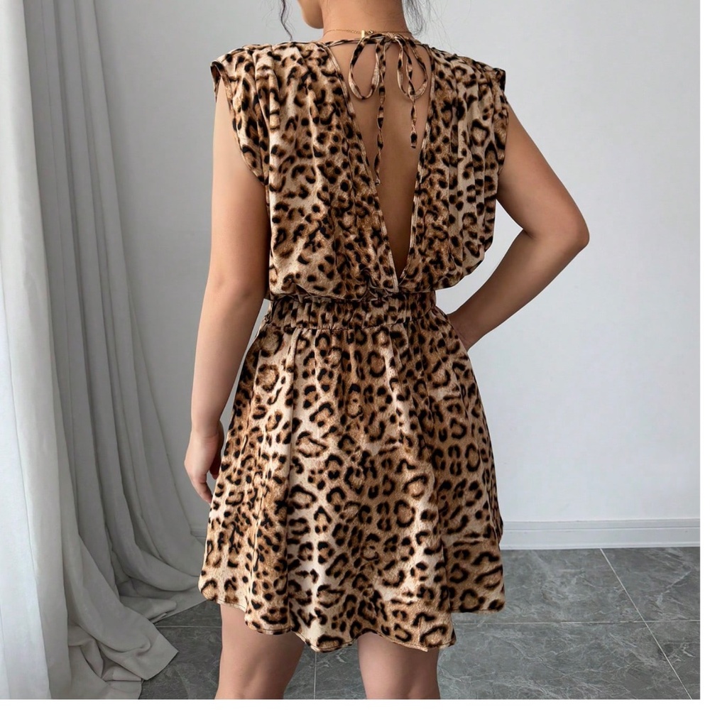 Leopard Print V neck Open Back Ruffle Hem Mini Dress - Picture 3 of 4